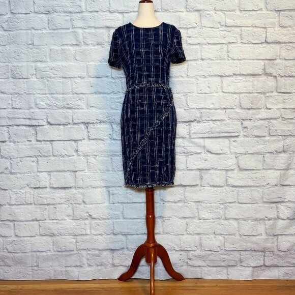 St. John Dresses & Skirts - St. John Navy Blue & White Wool Blend Knit Plaid Sheath Dress